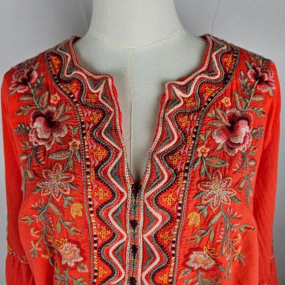 Johnny Was Alise Blouse Medium Flare Sleeve Coral Embroidered Boho Peasant Artsy - Picture 3 of 12